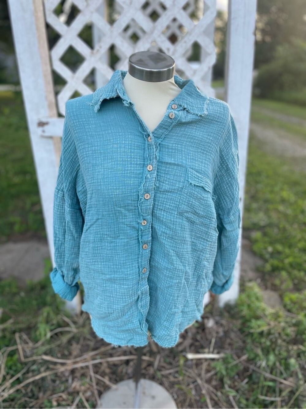 Zenana Blue Felicity Gauze Button Down Shacket Jacket Small Boutique New